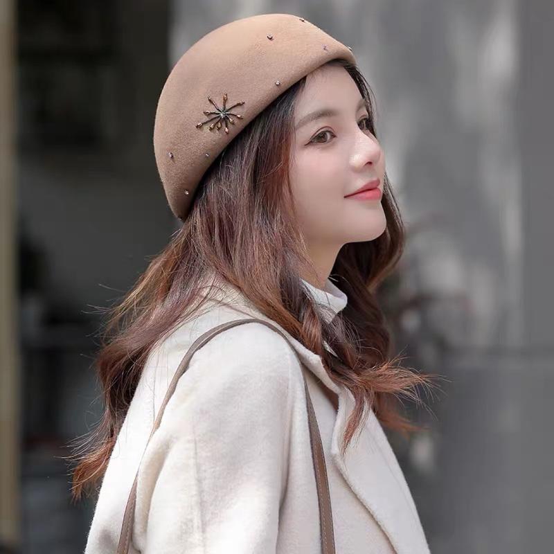 

Berets Nail Bead Beret Women Autumn Han Edition Japanese Retro Trilby Hat Lovely Size Head Circumference Wool Felt, Black