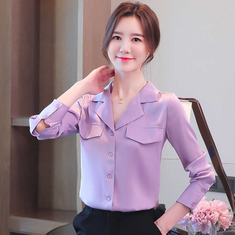 

Korean Silk Women Shirt Long Sleeve Shirts Woman Satin Blouse OL White Top V Neck Blouses Tops Plus Size 210604, Blue