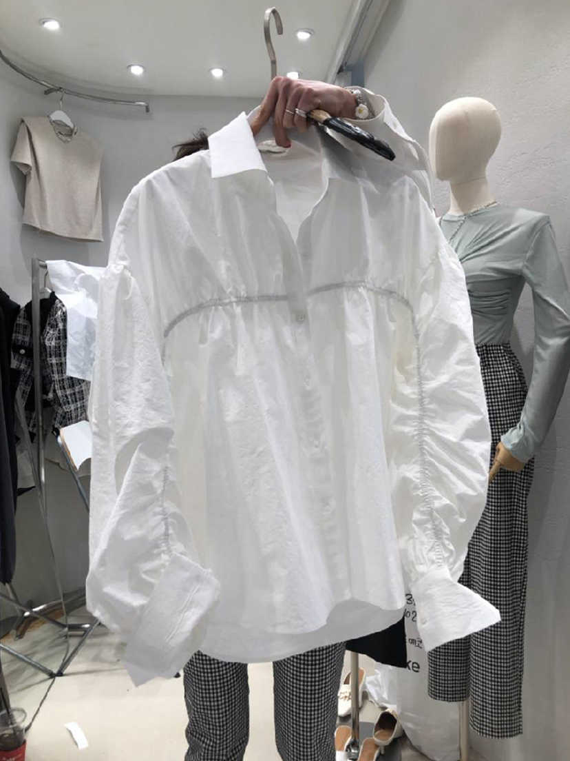 

Spring Fashion Turn Down Collar Pleated Solid Full Shirts Women Tops 210615, Khaki