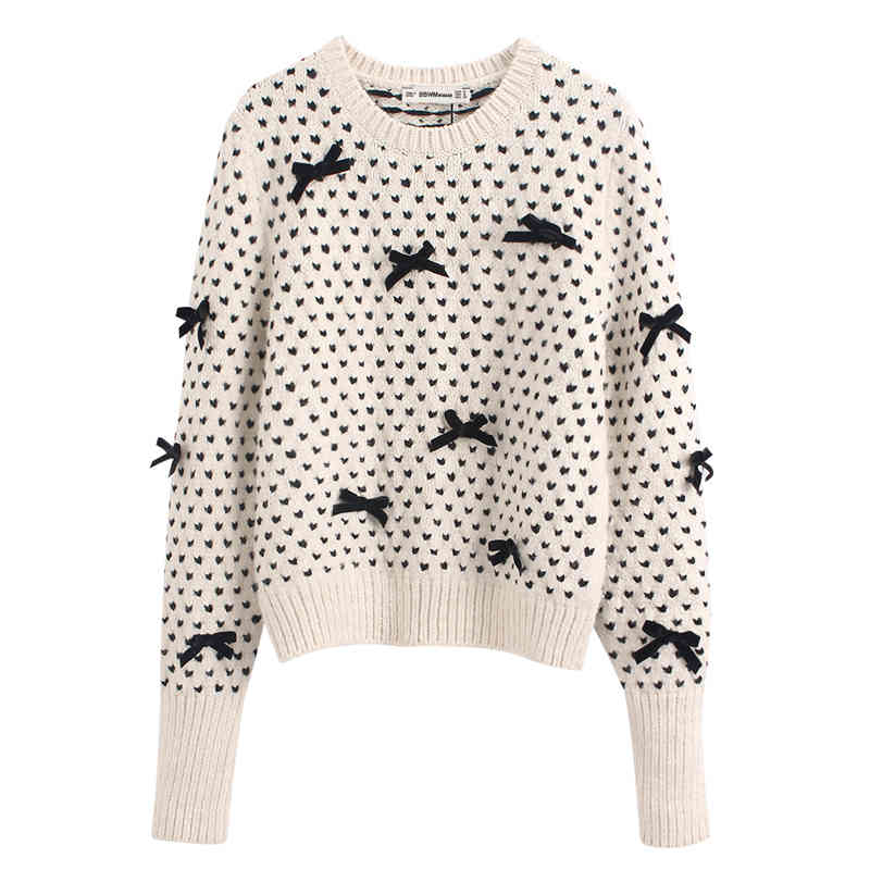 

Stylish Chic Bow Embroidery Oversized Sweaters Women Fashion Sweet O Neck Pullovers Cute Grils Long Sleeve Loose Knitwear 210520, Pic