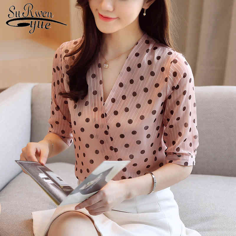 

Vintage Polka Dot V-neck Blouse Womens Summer Elegant Short Sleeve Korean Chiffon Shirt Clothing 8980 50 210521, Picture