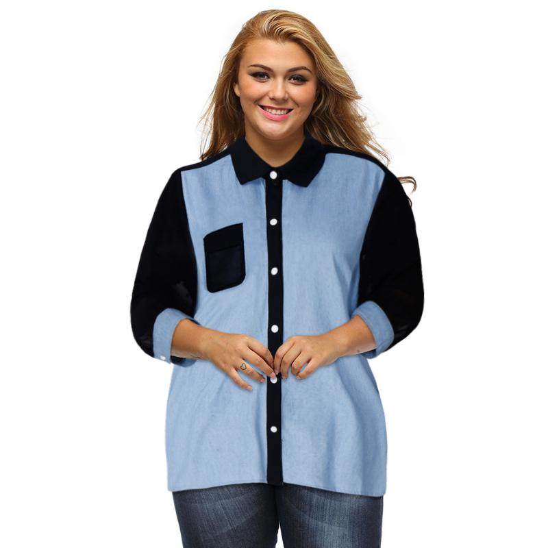 

Women's Blouses & Shirts 3XL 4XL  Denim Shirt Plus Size Women Blouse Patchwork Chiffon Sleeve 2021 High Low 3/4 Top, Blue