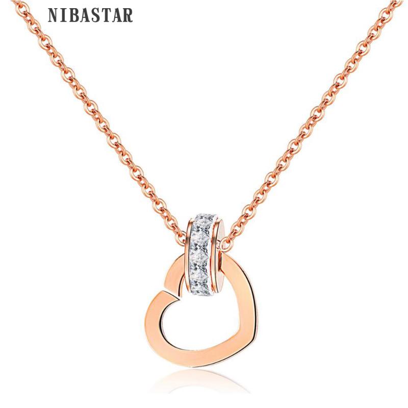 

Pendant Necklaces Fashion Luxury Women's Cubic Zirconia Love Heart Necklace Rose Gold Color 316L Stainless Steel Female Gift