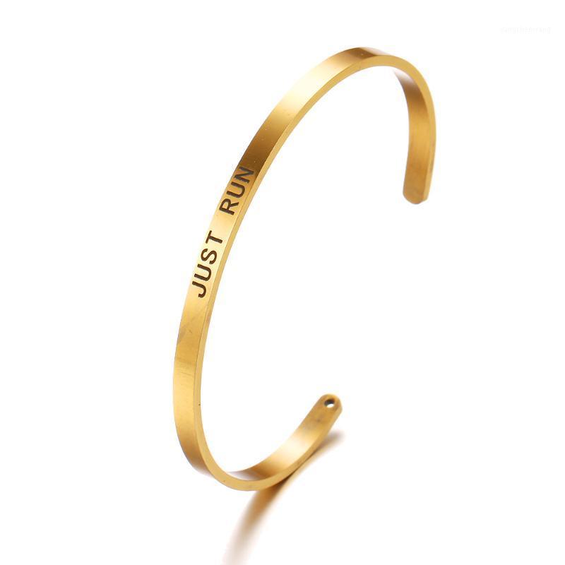 

Gold Stainless Steel Engraved JUST RUN Words Positive Inspirational Quote Cuff Mantra Bangle & Bracelet For Women Jewelry