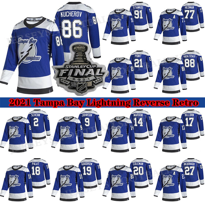 

Tampa Bay Lightning Jersey 2020-21 Reverse Retro 91 Steven Stamkos 86 Nikita Kucherov 77 Victor Hedman 21 Brayden Point Hockey Jerseys, Blue retro 2021 stanley cup finals patch