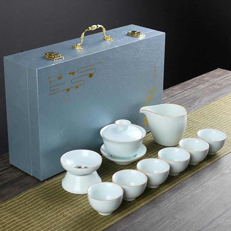

Business Gift Celadon Travel Bag Ceramic Tea Set with One Pot of Six Cups and Tray
