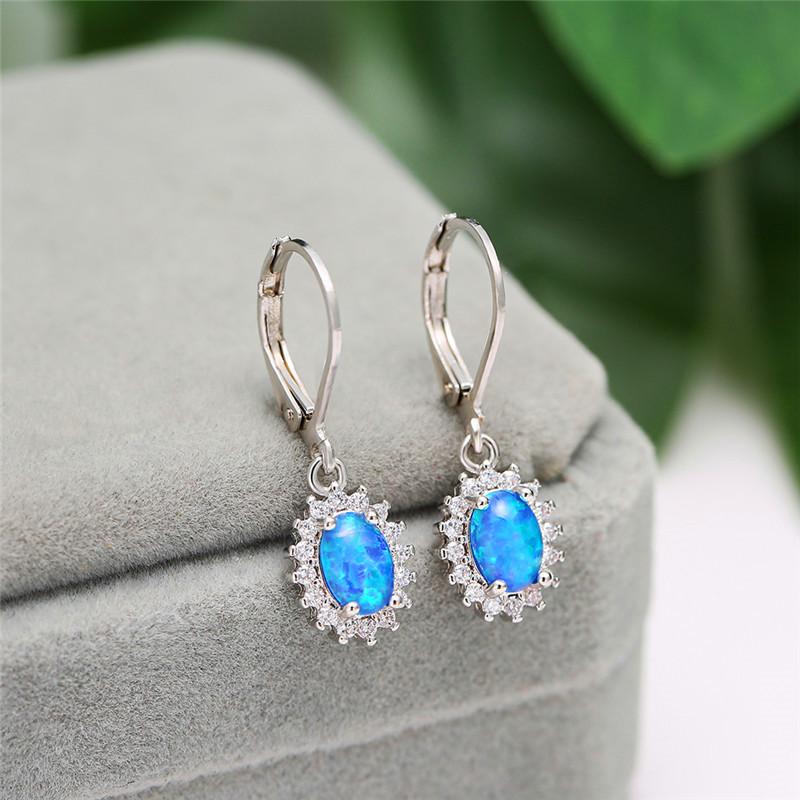Blue/White Fire Opal Oval Stone Dangle Earrings White Gold Zircon Drop For Women Wedding Bridal Luxury Jewelry & Chandelier-image-697477430
