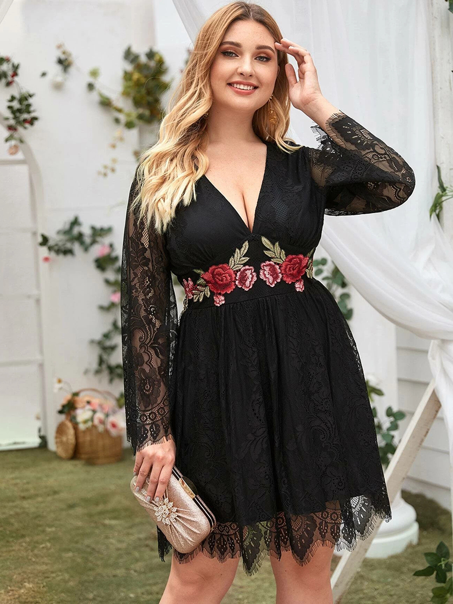 

deep v neck lace party dress plus size women summer long sleeve embroidery floral high waist short mini dresses, Black;gray