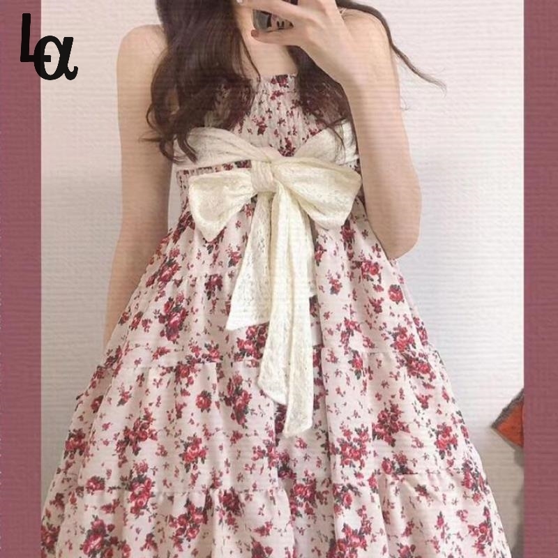 

Sweet Kawaii Floral Strap Dress Women Cute French Fairy Tale Print Mini es Japanese Pretty Sashes Summer 210519
