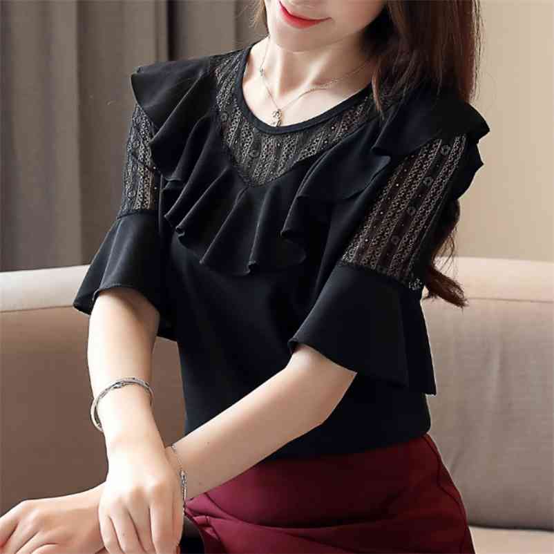 

summer lace short sleeve women's shirt blouse for women blusas womens tops and blouses chiffon shirts ladie's top plus size 210518, Pink
