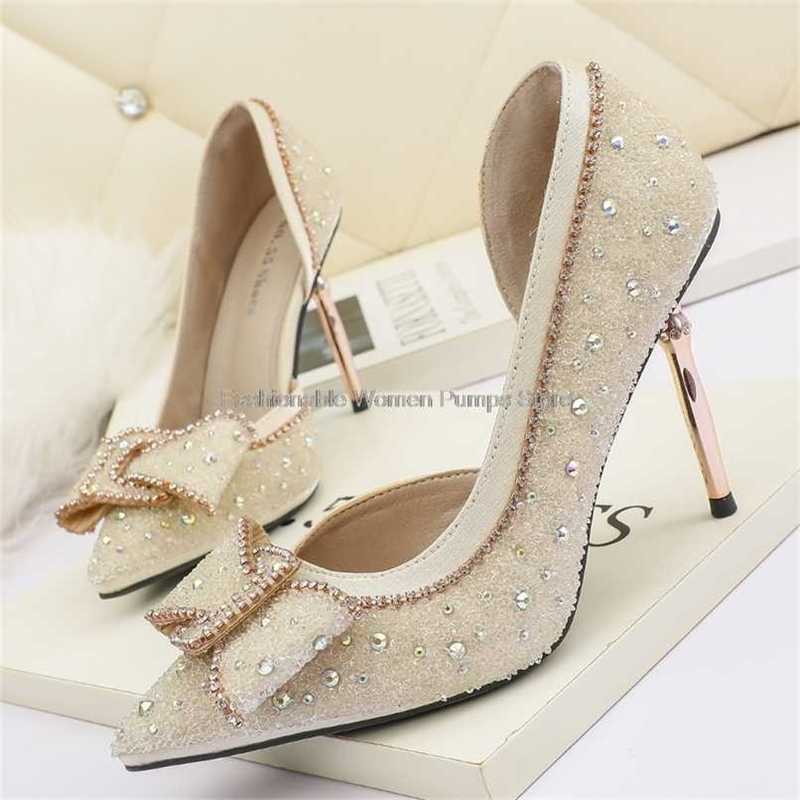 

elegant women pumps crystal shallow 9cm high heels stilettos butterfly-knot women's party shoes bride wedding shoes 211028, Green