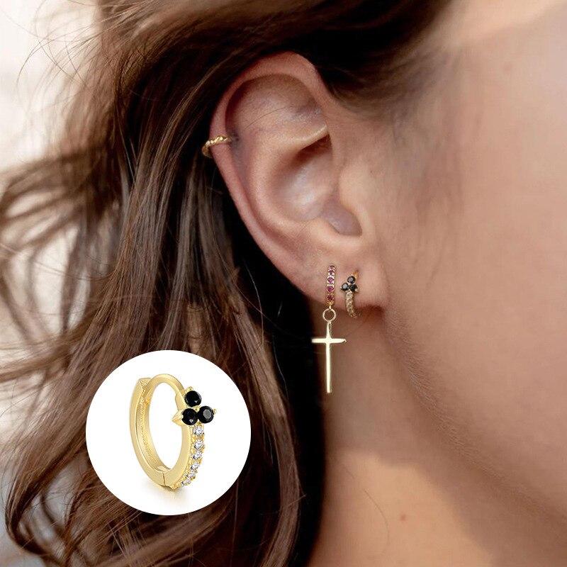 

Hoop & Huggie A00348 Minimalist Genuine 100% 925 Sterling Silver Pave Black Blue Zircon Flower Stud Earrings For Ladies Gift