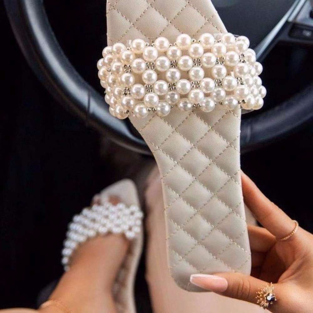 

casual shoes 2021 new popular women's shoes handmade beaded one word sandals sweet girl fairy wind flat heel slippers ur3m, Black