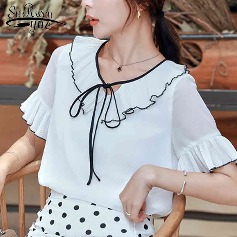 

Summer short sleeve white blouse ladies blusas mujer de moda ruffles chiffon womens tops and  4729 50 210521