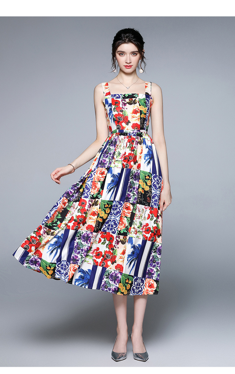 

spaghetti strap holiday dress of women 2021 summer lady's printing dresses polyester materials casual wear, Black;gray