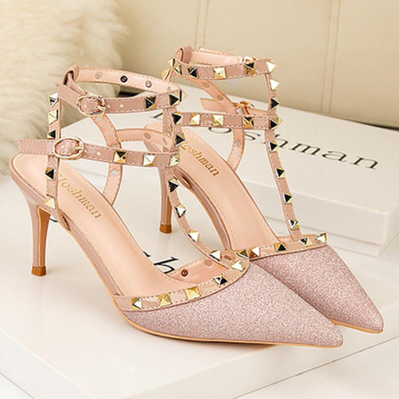 

Brand Women Pumps Wedding Shoes Woman High Heels sandal Nude Fashion Ankle Straps Rivets Bridal Shoes, Teal