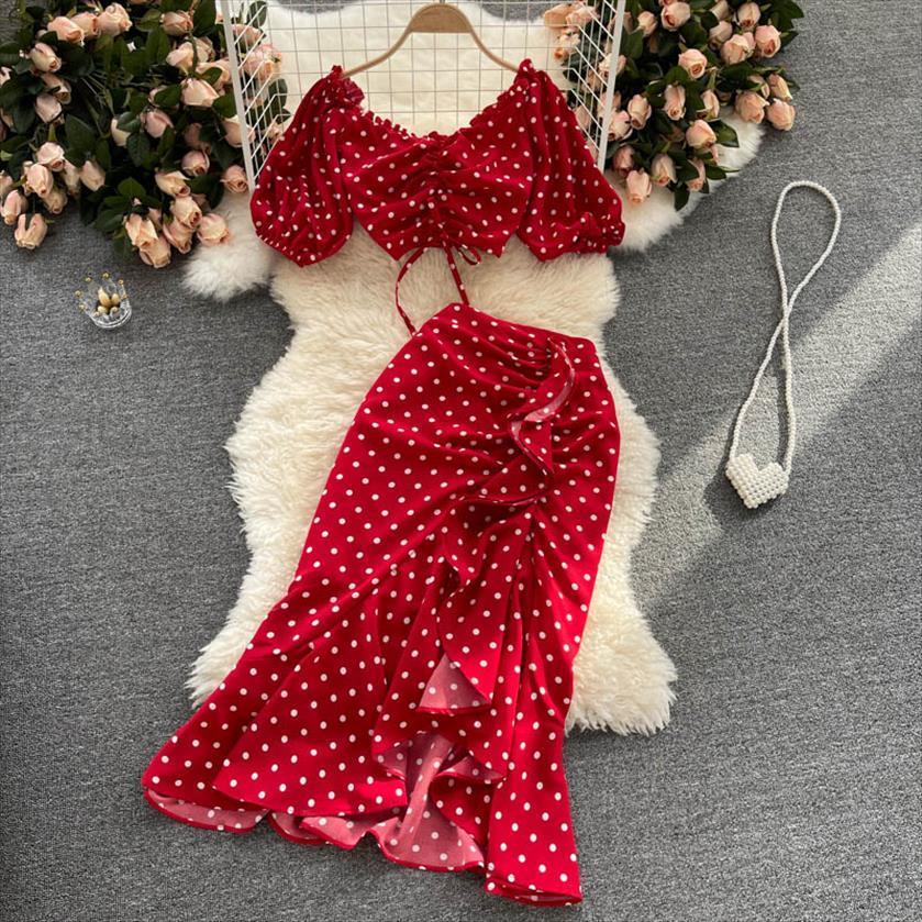 

red purple black womens tracksuits polka dot two piece set summer ruffle short drawstring high waist irregular skirt, Gray