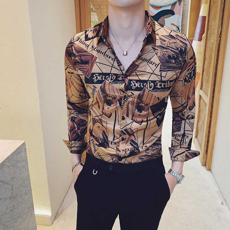 

Designer Gold Print Mens Shirts Fashion Casual Long Sleeve Shirts High Quality Dress Shirt Men Night Club Prom Social clothing 210527, 101