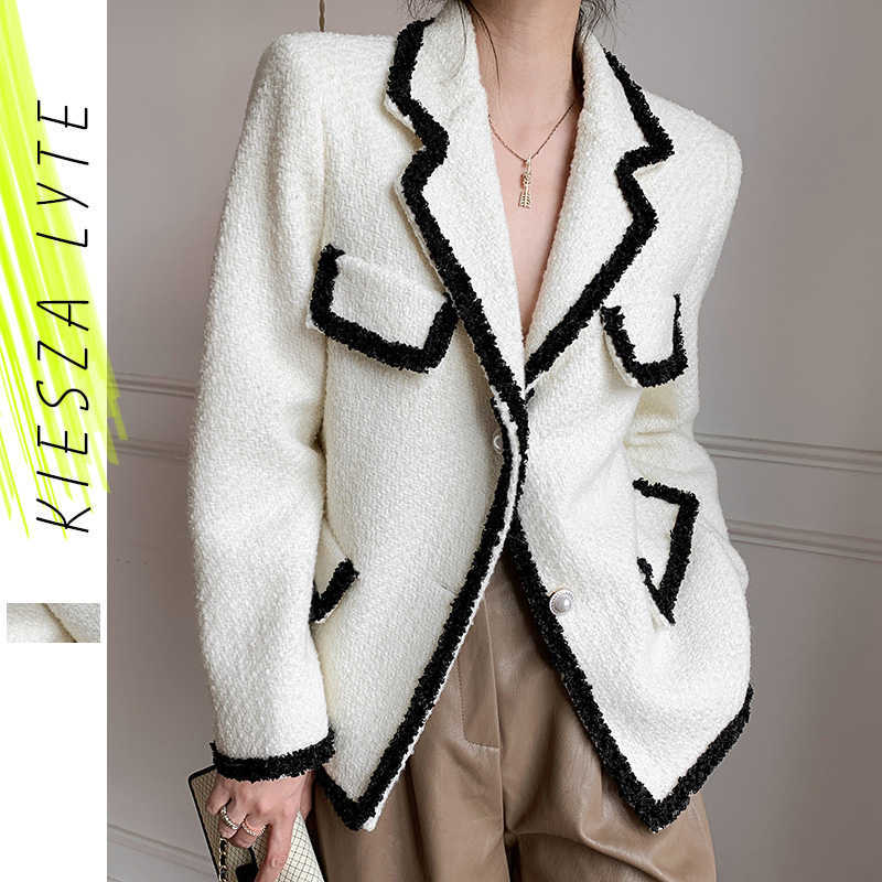 

White Women Suit Jacket Fashion Office Lady Patchwork Long Sleeve Tweed Coat Female Outerwear Chic Blazer 210608