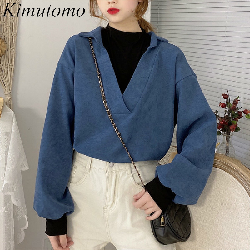 

Kimutomo Solid Fashion Patchwork Blouse Women Half Turtleneck Fake Two Piece Long Sleeve Shirt Outwear Chic Spring 210521, White