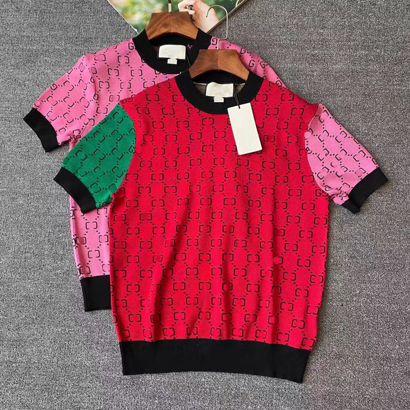 

312 2021 Milan Runway Spring Brand SAme Style Sweater Pink Red Short Sleeve High Quality Crew Neck Fashion Striped Clothes High Quality Womens yang, White;black