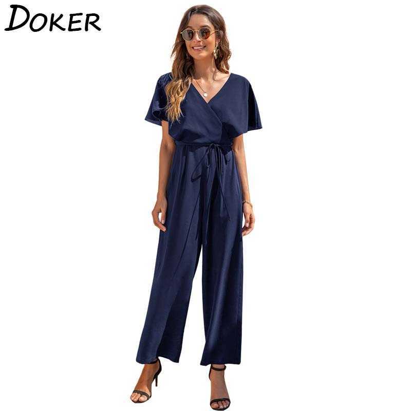 

Jumpsuit Sumemr V Neck Short Sleeve Lace Loose Casual Plus Size Overalls Rompers Elegant Party Wide Leg Long Jumpsuit 210604, Dark blue
