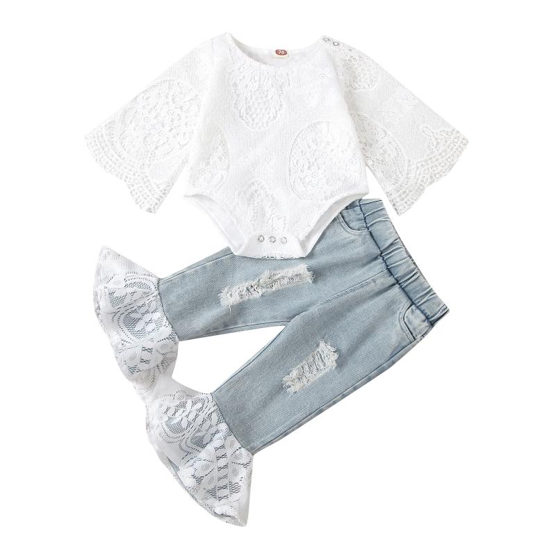 

Clothing Sets Born Baby Girls Spring Full Sleeve Solid Tops Bodysuits Long Patchwork Lace Denim Pants Toddler Kids Clothes 2pcs 6-24M