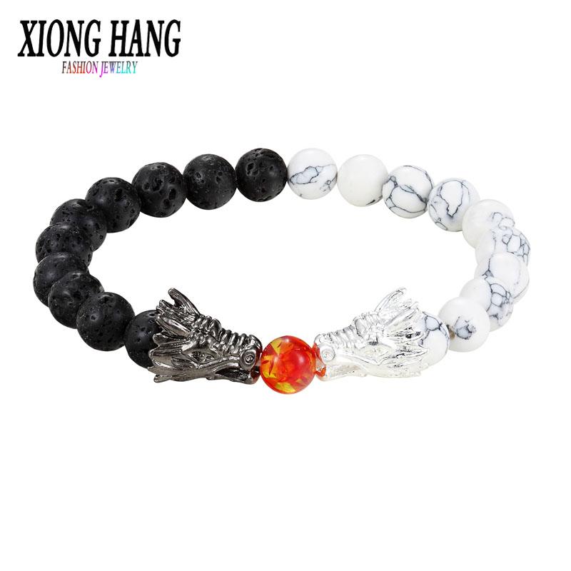 

Charm Bracelets XiongHang Fashion Black And White Beads Bracelet Natural Stone Lava Bead Two Dragon Play One Ball Male Female Jewellery