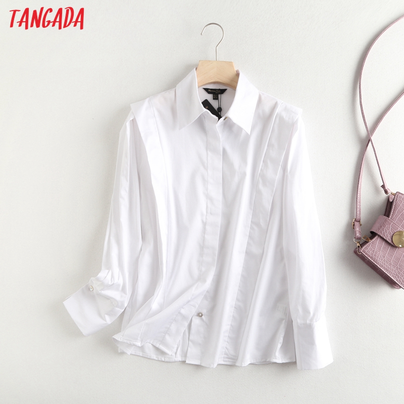 

Tangada women high quality white cotton shirts long sleeve solid elegant office ladies pleated work wear blouses 6D65, Black