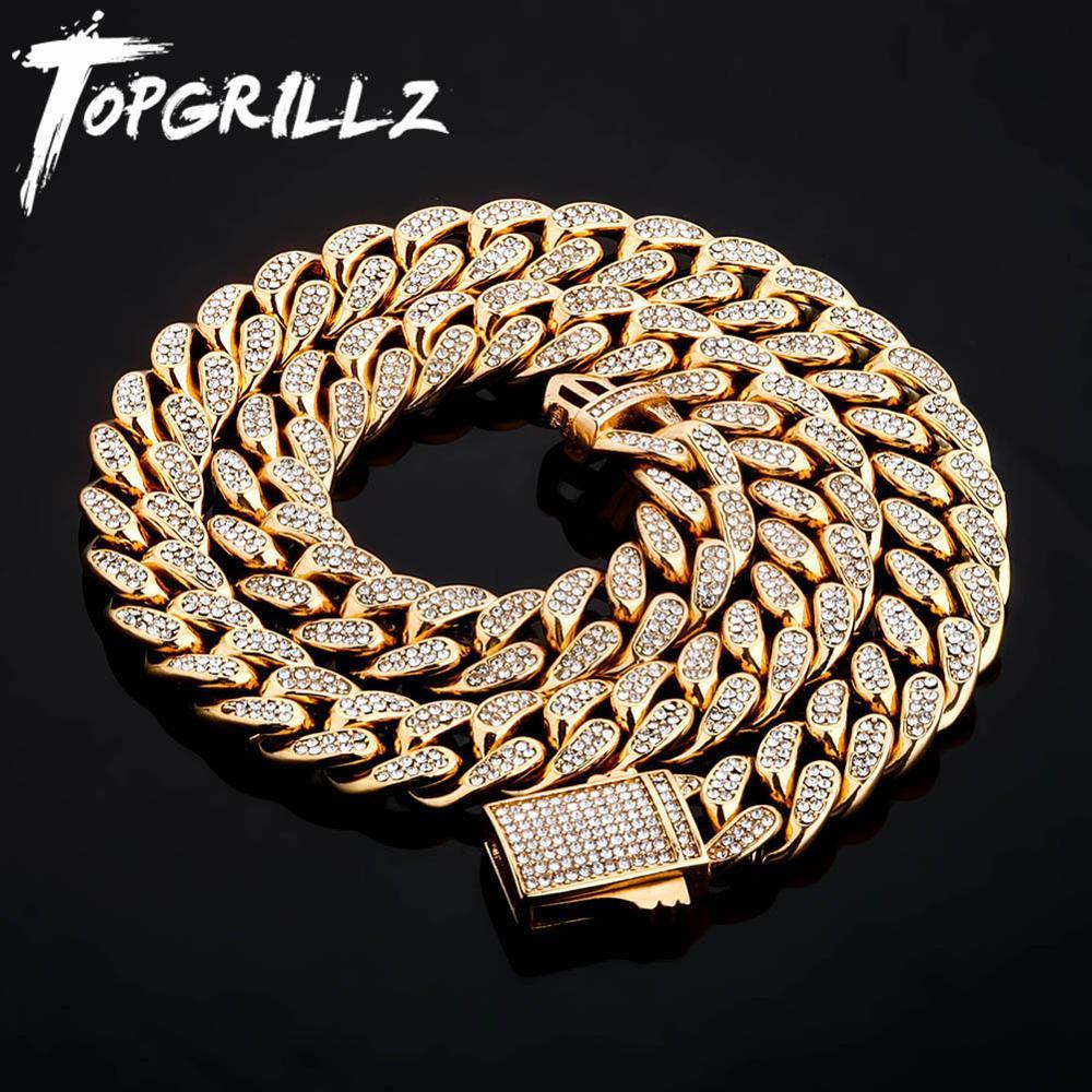 

TOPGRILLZ New 12mm StainlSteel Cuban Necklace With Spring clasp Iced Out Cubic Zirconia Hip Hop Heavy Jewelry Gift For Men X0509