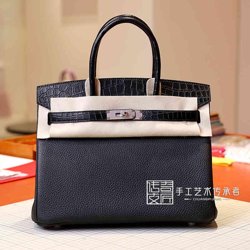 

Birkin 25-35cm 2021 Designer Handbags Women's Herme Bag Togo Spell Crocodile Leather Black Touch Bk30cm Silver Buckle Handbag Have Logo