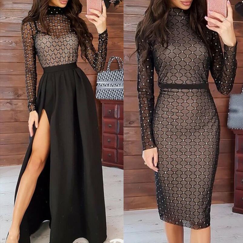 

fashion bodycon mesh womens dress long sleeve drilling spring evening party club turtleneck slit midi, Black;gray