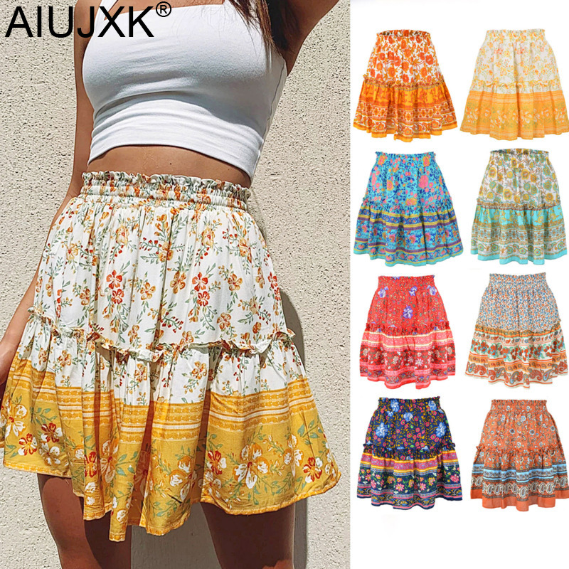 

AIUJXK 2021 Summer Vintage Floral Print Skirt Women Beach Ruffles Boho Style Casual High Waist Mini Pleated Skirts Dropshipping, Beige