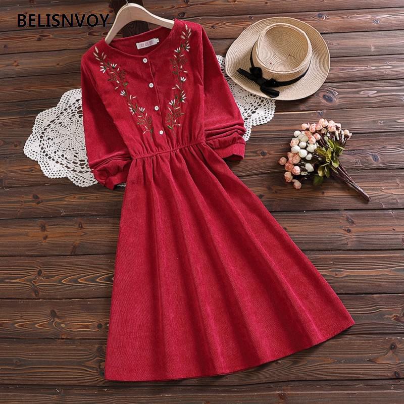 

2021mori girl vintage corduroy women shirt dress floral embroidery elegant autumn winter dresses midi dresses for new year, Black;gray
