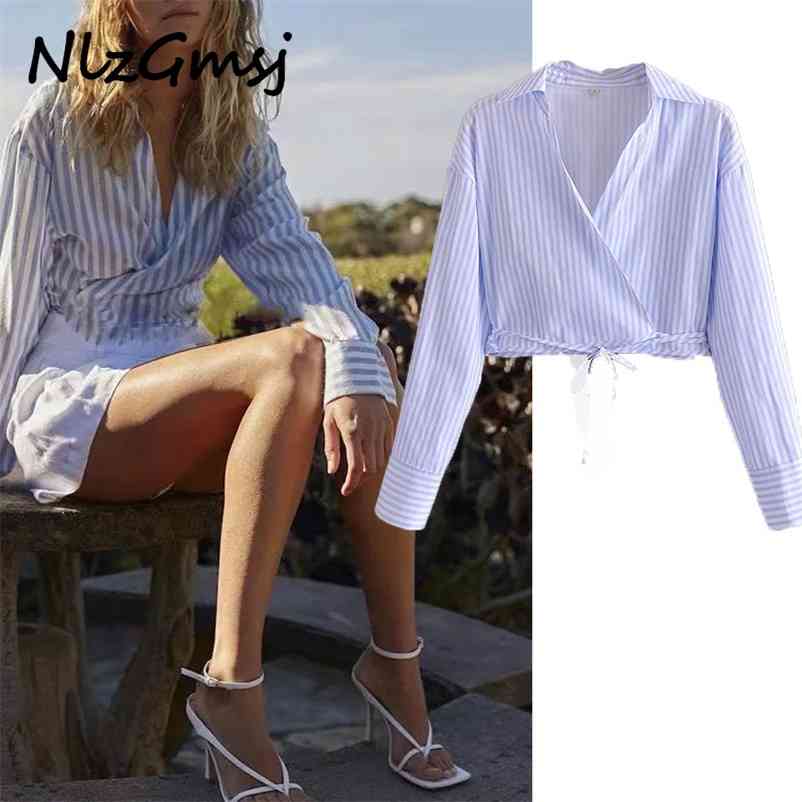 

Summer Sexy Tie Straps Crop Tops Woman Stripes V Neck Long Sleeve Shirt Women Clothing Female Blouses Chic Top 05 210628, As picture