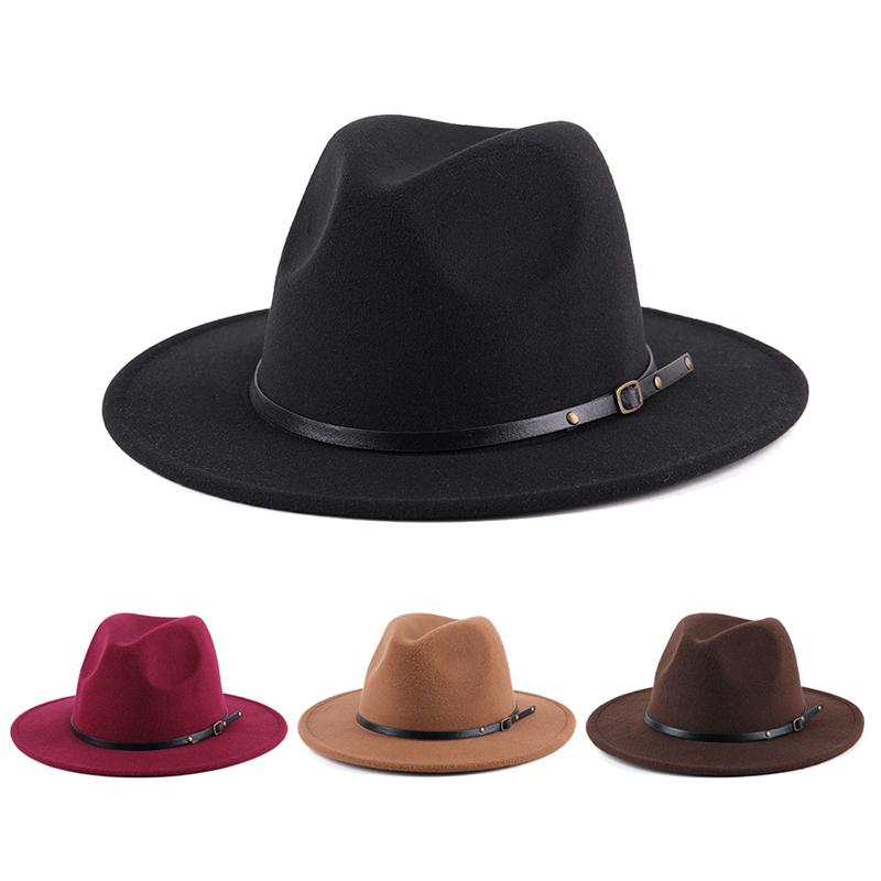 

Wide Brim Hats Fashion Women Men Felt Hat Fedoras Solid Color Jazz Autumn Winter Woolen Flat Top British Style Caps, Black