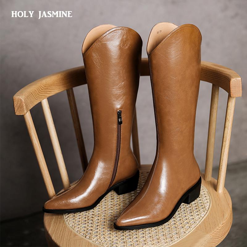 

Boots Autumn Western Knee High For Women Black Genuine Leather Heels Sole Long Cowboy Knight Botas Mujer