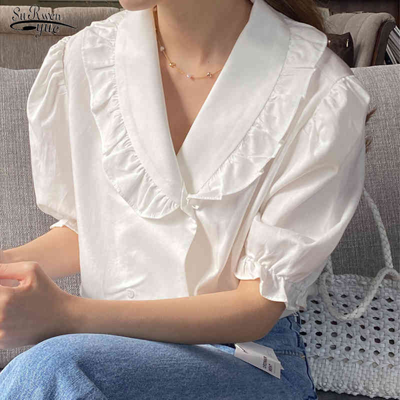

Chic Puff Short Sleeve White Women Blouses Korean Sweet Turn-down Collar Ruffled Shirt Woman Elegant Ladies Tops Blusas 14364 210521