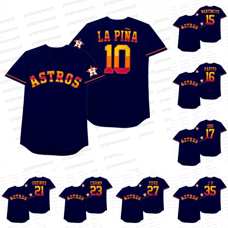 

Houston 2021 Players Weekend Nickname Jersey Yuli Gurriel La Pina Martin Maldonado Martincito Diaz Papito Jake Odorizzi Odo Zack Greinke Gre, Blue;black