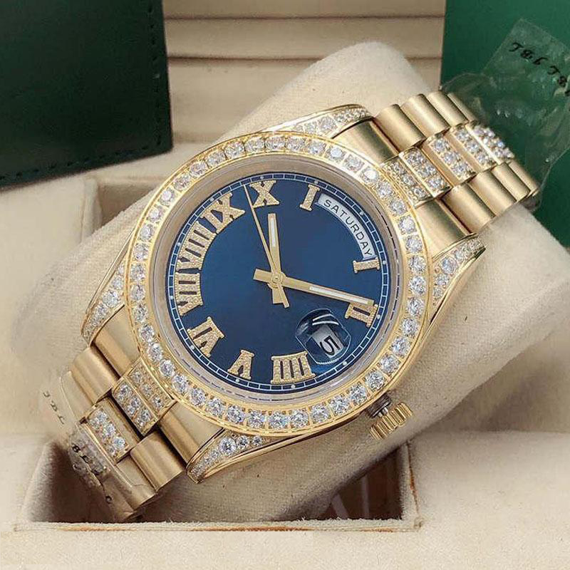 

Full gold strap with Diamonds 2813 movment Mechanical wristwatch men watch black face mens fashion automatic watches, As shwon