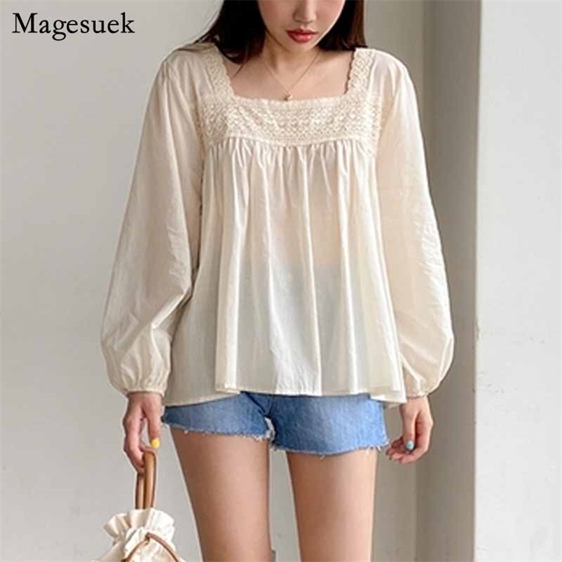 

Lace Square Collar Pullover Retro Sweet Long Sleeve Blouse Women Splicing Solid Loose Casual Shirt Slim Fit Tops Blusas 11270 210518, Dark blue