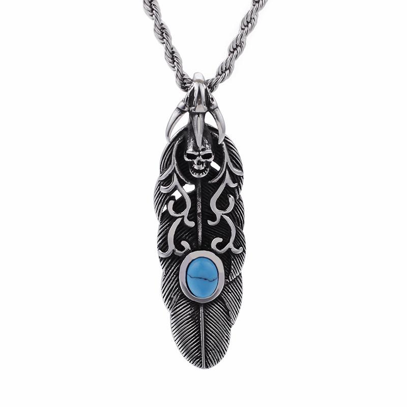 Pendant Necklaces Punk Feather Skull Necklace For Men Blue Stone & Stainless Steel 50CM 55CM 60CM Chain Gothic Jewelry-image-708528115