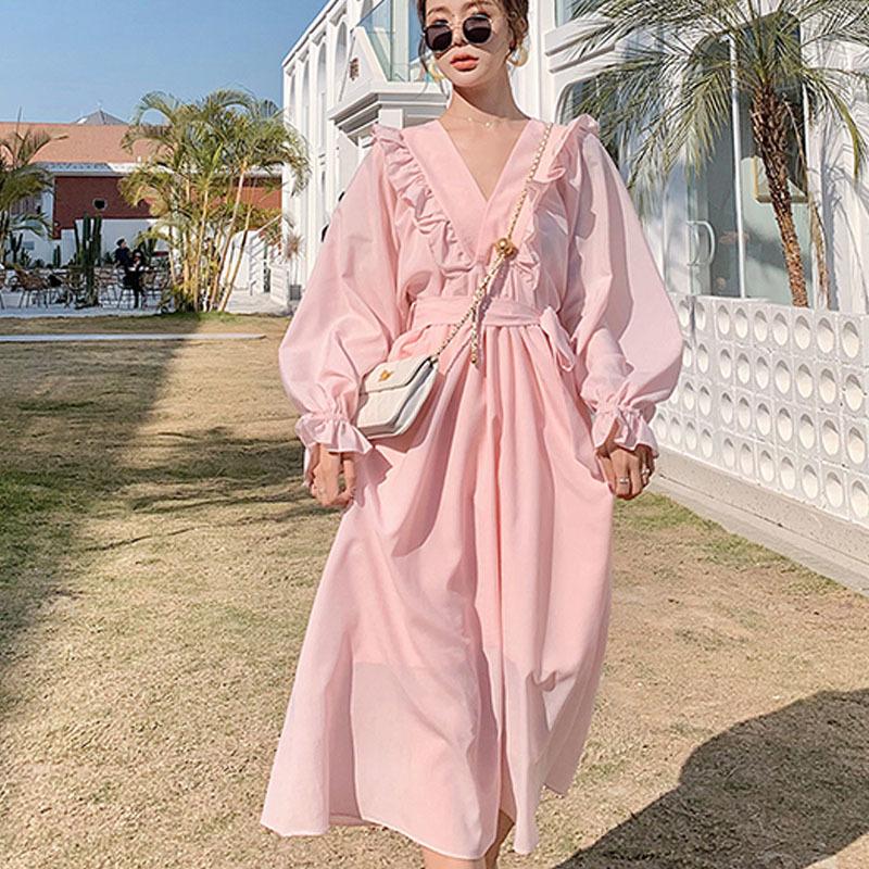 

Casual Dresses Summer V Neck Ruffle Dress For Female Lantern Sleeve High Waist Slim Elegant Women 2021 Fashion Clothes, Pink