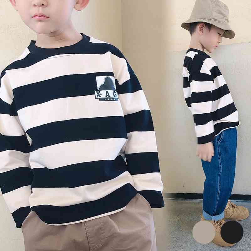

2021 new autumn warm Stripe Men's top trendy round neck blue hoodless children's wear