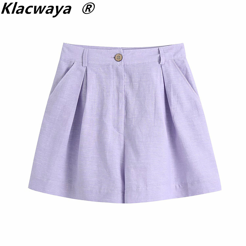 

Summer Women's Chic Pleated Design Button Holiday Style Casual SShorts Ladies Retro High Waist Loose Shorts 210521, Violet