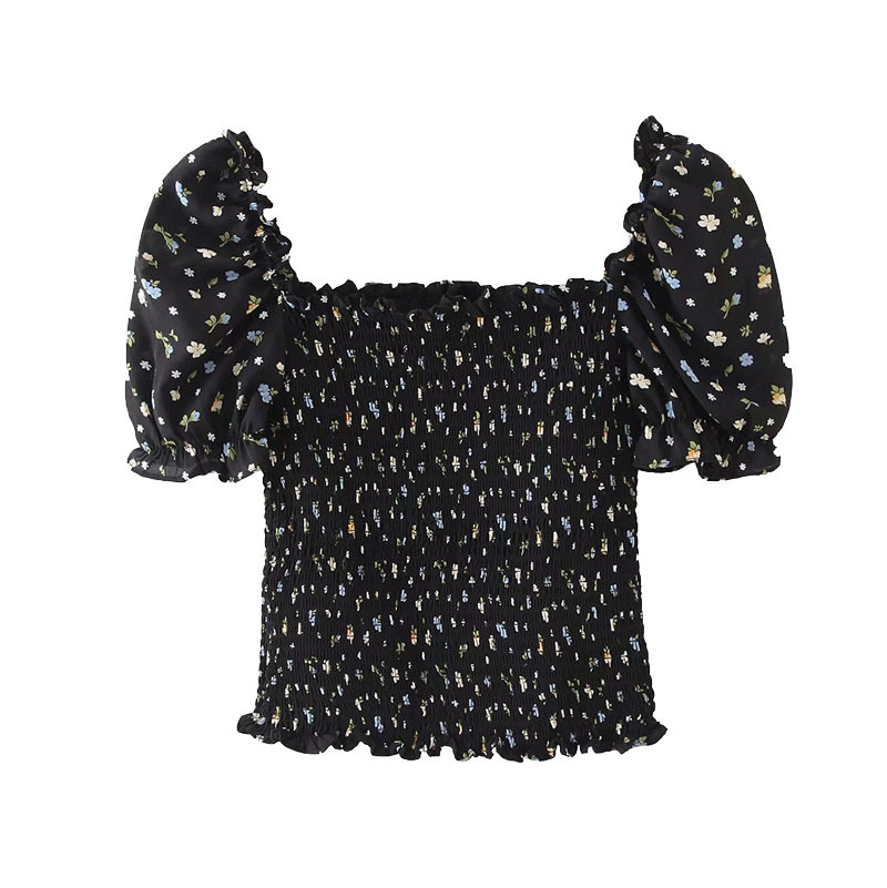 

Women Fashion Floral Print Smocked Cropped Blouses Vintage Square Collar Puff Sleeve Female Shirts Chic Tops 210521, As picture