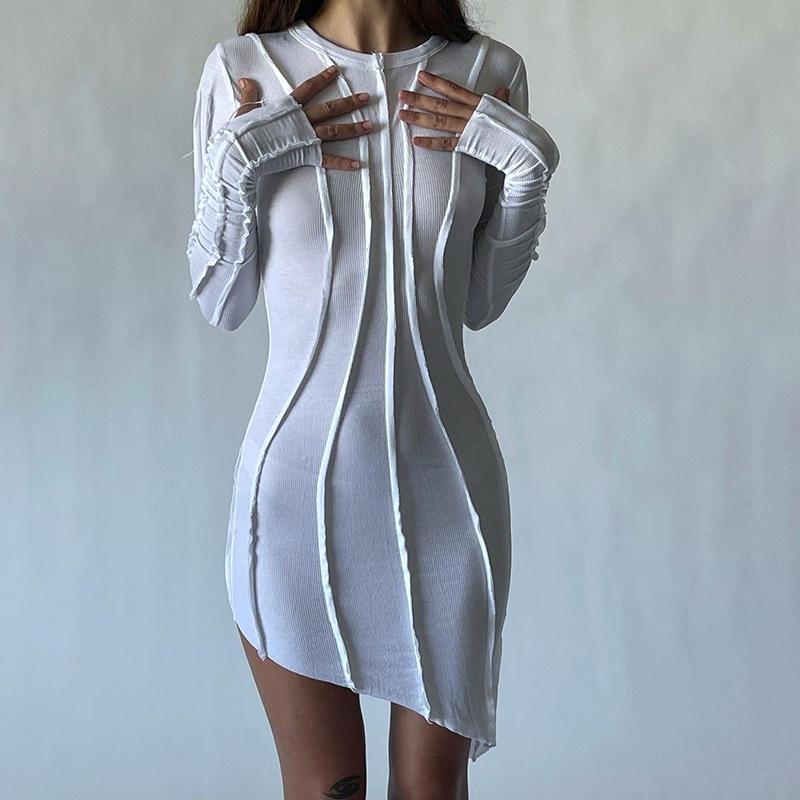

Casual Dresses 2021 White O-Neck Asymmetric Long Sleeve Bodycon Dress Autumn Black Sexy Ribbed Knitted Street Fashion Mini Club Wear K21D038, Black;gray