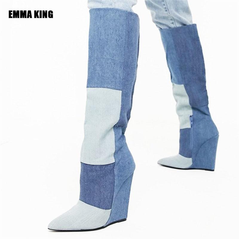 

Boots 2021 Women's Cowboy Wedge Heels Blue Knee High Patchwork Heel Shaft Side Zip Heeled Fashion Booties Plus Size, Black