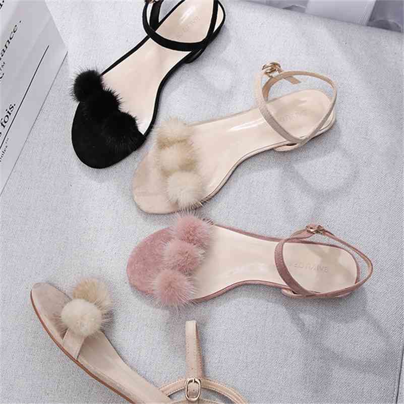 

Summer Fluffy Fur Ball Women's Sandals Ankle Strap Square High Heels .5cm/6cm Faux Suede Solid Shoes Woman Plus Size 210520, 6848-30-pink-1.5cm