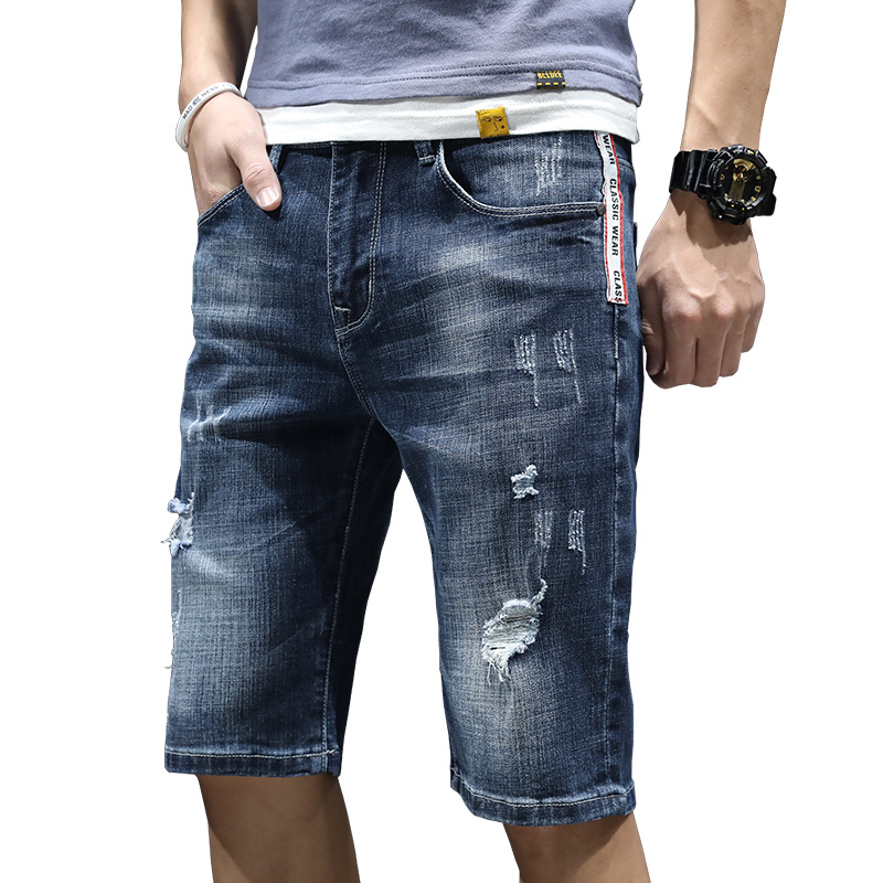 

Men Summer Blue Denim Shorts Thin Holes Short Jeans Summer Cotton Straight Fit Jean Shorts Solid Casual Short Jeans Short Pants, Black